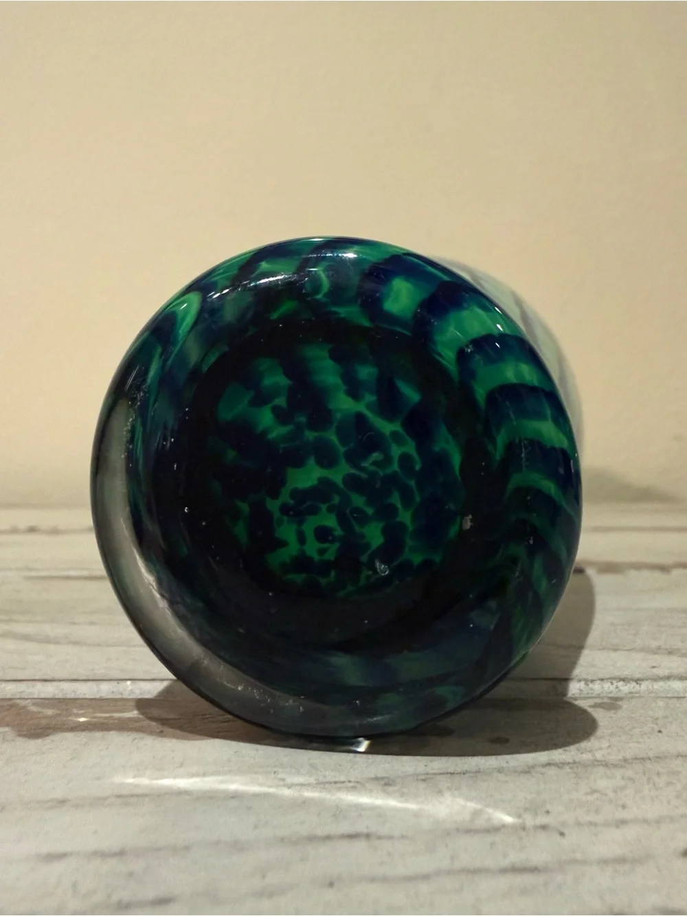 Vintage Blue & Green Art Glass Vase Slanted Rim Swirl Ribbed Decor 6.5